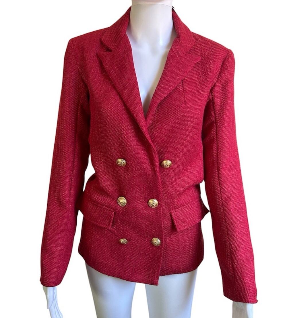 Bishop + Young NWT Boucle Blazer Womens XXS Raspberry Red Gold Button Jacket